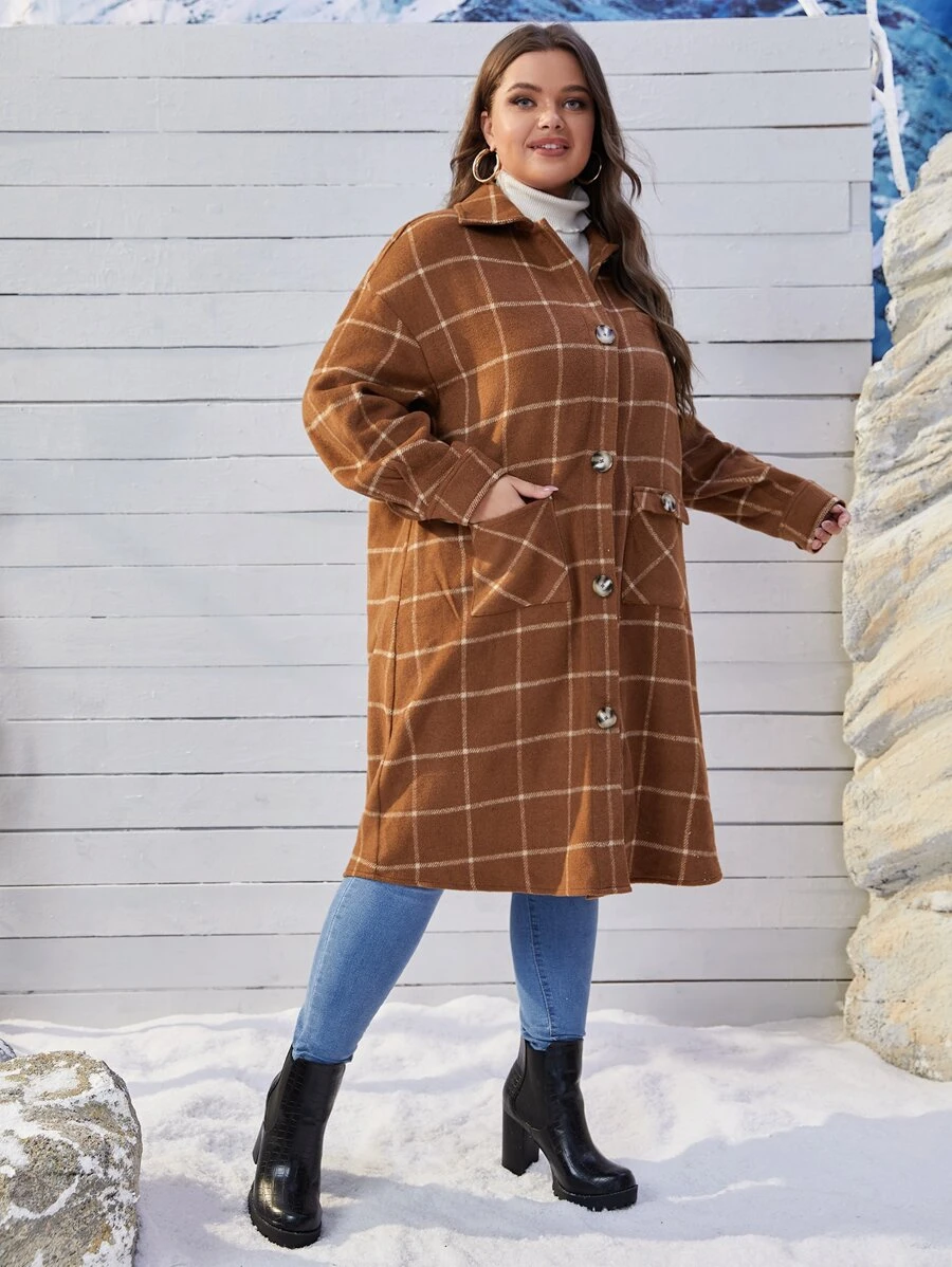 SHEIN Essnce Áo khoác cỡ lớn Túi Nút phía trước Sọc ca rô Giải trí - Nhiều màu - Xem 1