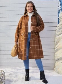 SHEIN Essnce Áo khoác cỡ lớn Túi Nút phía trước Sọc ca rô Giải trí - Nhiều màu - Xem 3