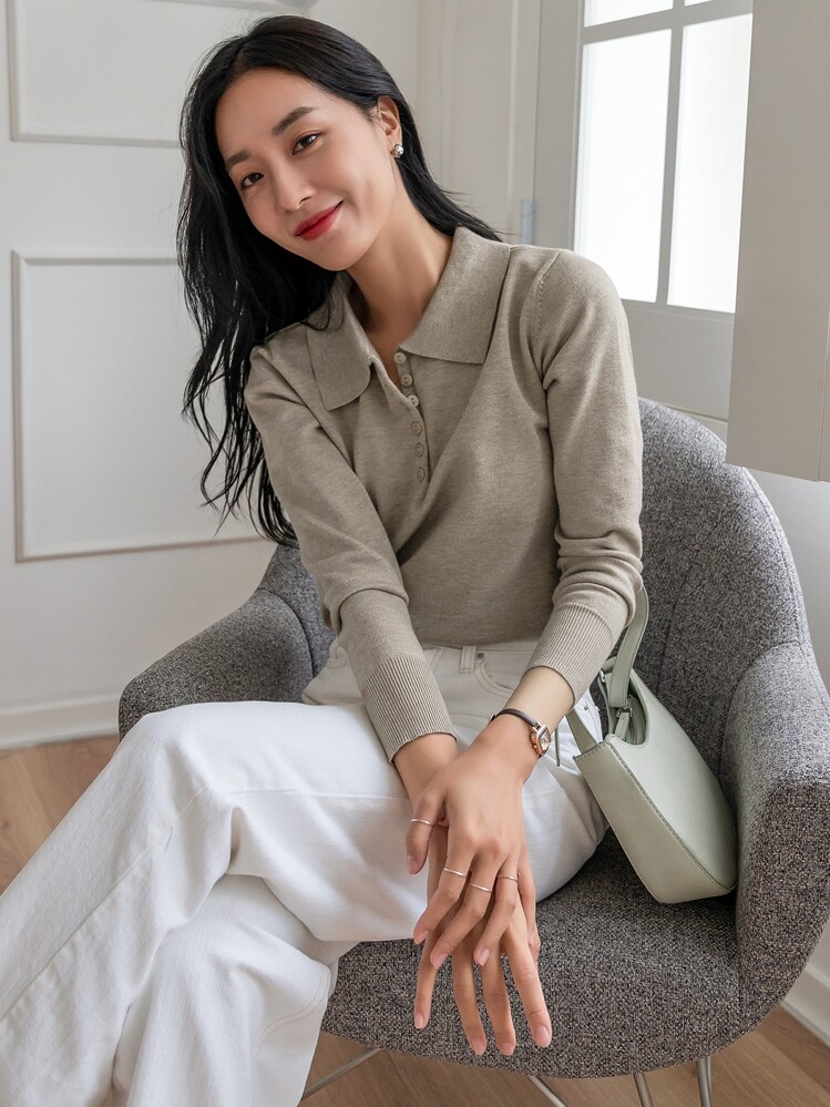 DAZY 1 st enfärgad långärmad tröja för kvinnor, affärsmässig avslappnad höststil, långärmade toppar, höstkläder för kvinnor - Grå - Visa 7