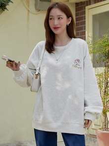 DAZY Áo chui đầu Lá thư & Thêu hoa Thả vai - Màu be - Xem 3