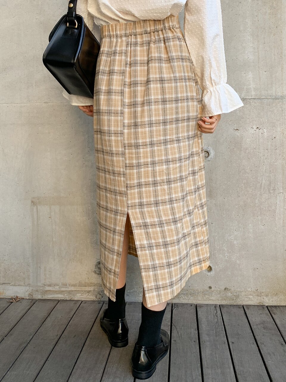 High Waist Tartan Split Hem Skirt