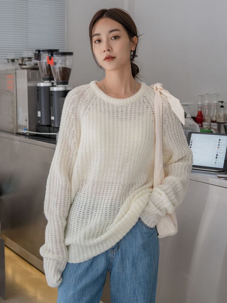 DAZY Jersey tejido abierto de manga raglán - Blanco - Añade 1