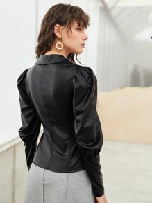 SHEIN V Neck Wrap PU Leather Blouse - Black - View 2