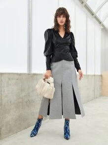 SHEIN V Neck Wrap PU Leather Blouse - Black - View 3