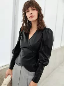 SHEIN V Neck Wrap PU Leather Blouse - Black - View 1