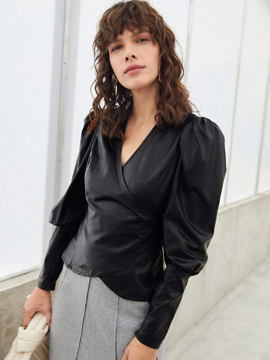 SHEIN V Neck Wrap PU Leather Blouse - Black - View 1