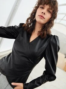 SHEIN V Neck Wrap PU Leather Blouse - Black - View 5