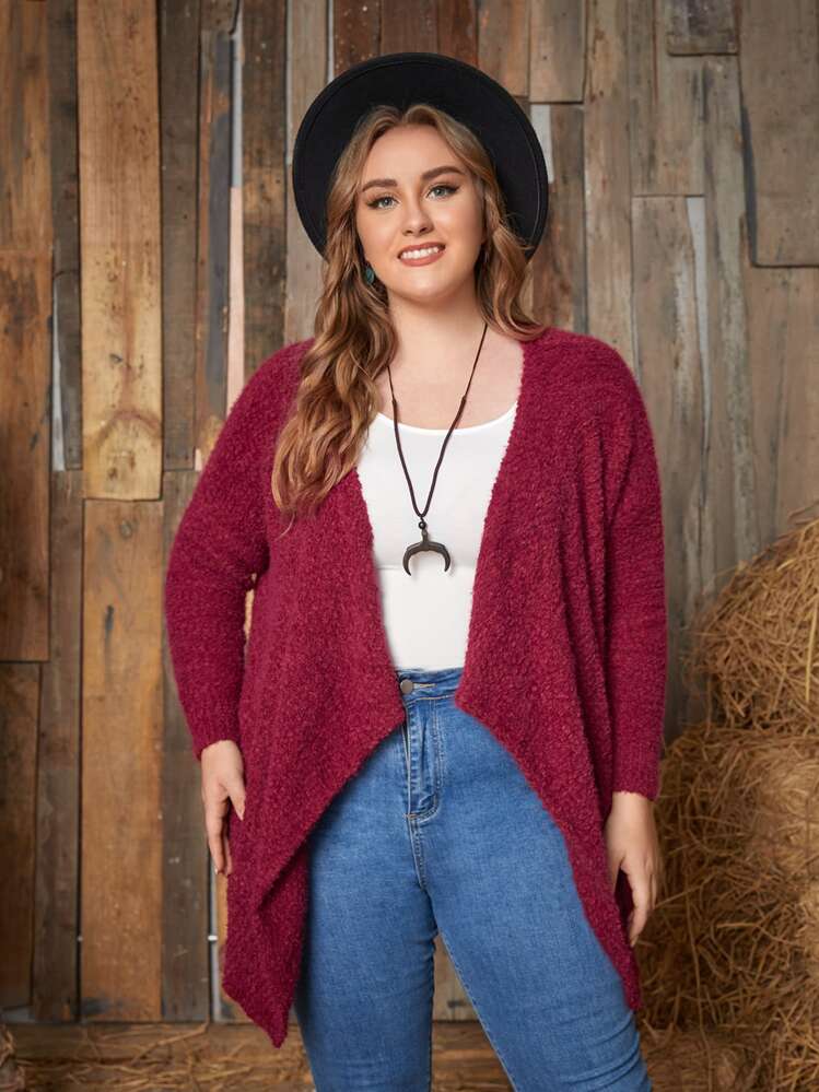 SHEIN LUNE Plus Size Hanky Hem Casual Design Cardigan - Burgundy - View 1