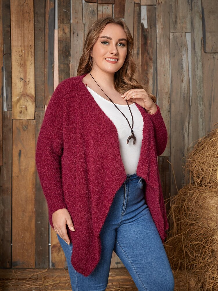 SHEIN LUNE Plus Size Hanky Hem Casual Design Cardigan - Burgundy - View 3