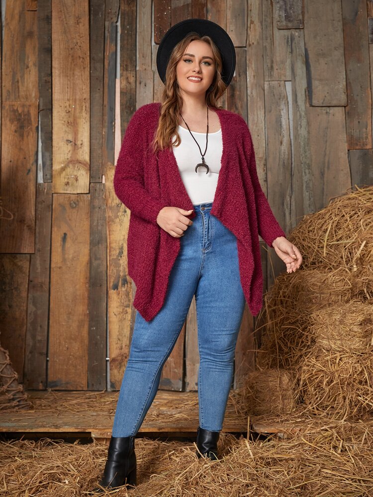 SHEIN LUNE Plus Size Hanky Hem Casual Design Cardigan - Burgundy - View 4