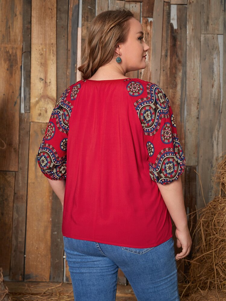 EMERY ROSE Plus Floral Print Raglan Sleeve Blouse - Red - View 3
