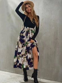 SHEIN Clasi Geo & Chain Print Belted 2 In 1 Dress - Multicolor - View 1