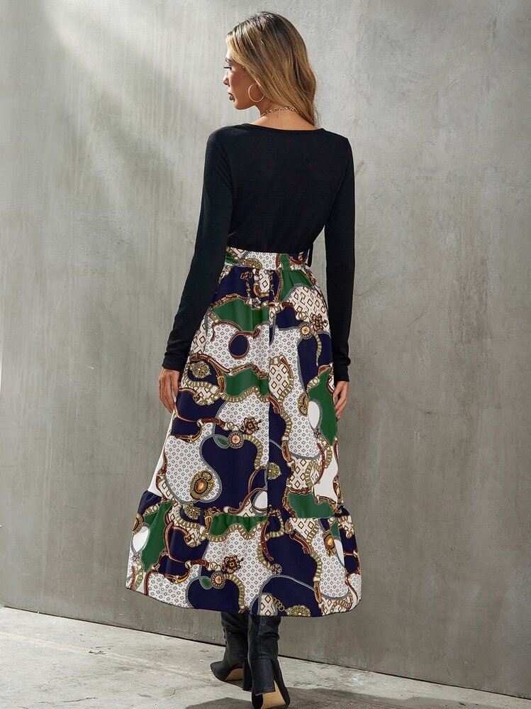 SHEIN Clasi 幾何和錬條圖案腰帶假兩件洋裝 - 彩色 - 查看 2