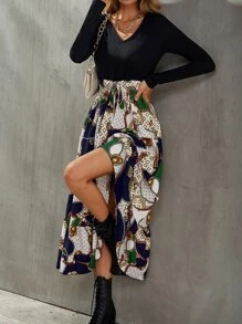 SHEIN Clasi Geo & Chain Print Belted 2 In 1 Dress - Multicolor - View 3