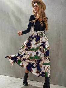 SHEIN Clasi Geo & Chain Print Belted 2 In 1 Dress - Multicolor - View 4