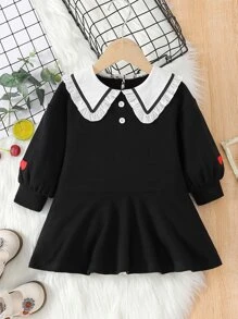嬰兒娃娃領燈籠袖補丁細節洋裝 - 黑色 - 查看 1