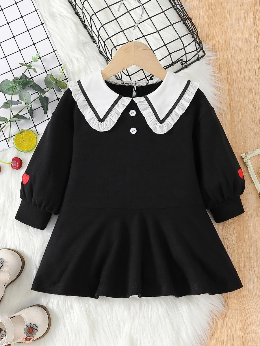 嬰兒娃娃領燈籠袖補丁細節洋裝 - 黑色 - 查看 1