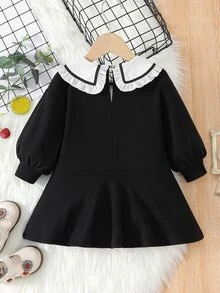 嬰兒娃娃領燈籠袖補丁細節洋裝 - 黑色 - 查看 2