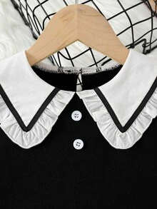 嬰兒娃娃領燈籠袖補丁細節洋裝 - 黑色 - 查看 8