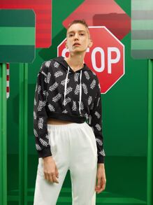 SONIA DRIDI Designer Drawstring Drop Shoulder Plants Print Crop Hoodie - Black and White - View 1