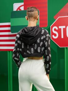 SONIA DRIDI Designer Drawstring Drop Shoulder Plants Print Crop Hoodie - Black and White - View 2