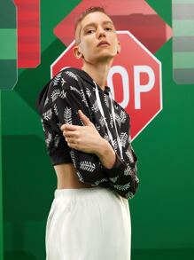 SONIA DRIDI Designer Drawstring Drop Shoulder Plants Print Crop Hoodie - Black and White - View 5