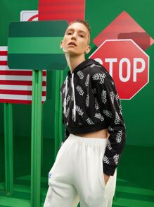 SONIA DRIDI Designer Drawstring Drop Shoulder Plants Print Crop Hoodie - Black and White - View 6