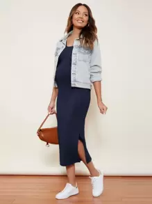 SHEIN Maternidad Vestido con abertura lateral tejido de cable - Azul Marino - Ver 3