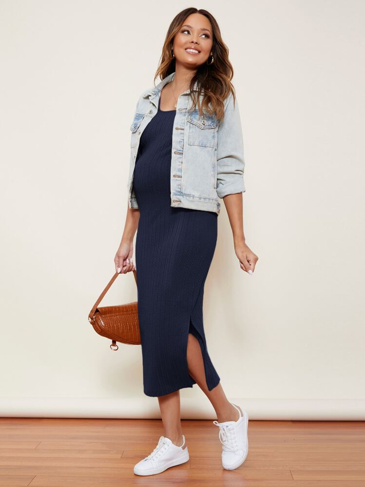 SHEIN Maternidad Vestido con abertura lateral tejido de cable - Azul Marino - Añade 3