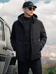 Men Zip Up Raglan Sleeve Hooded Padded Coat - Black - View 1