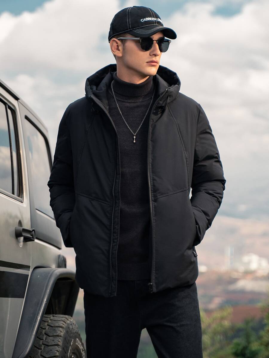 Men Zip Up Raglan Sleeve Hooded Padded Coat - Black - View 1