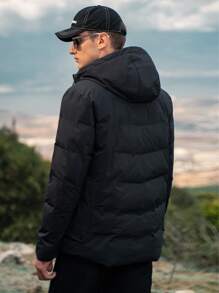 Men Zip Up Raglan Sleeve Hooded Padded Coat - Black - View 2