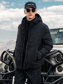 Men Zip Up Raglan Sleeve Hooded Padded Coat - Black - View 3