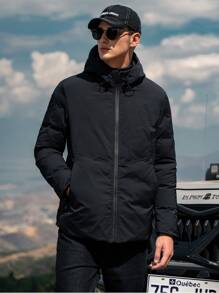 Men Zip Up Raglan Sleeve Hooded Padded Coat - Black - View 4