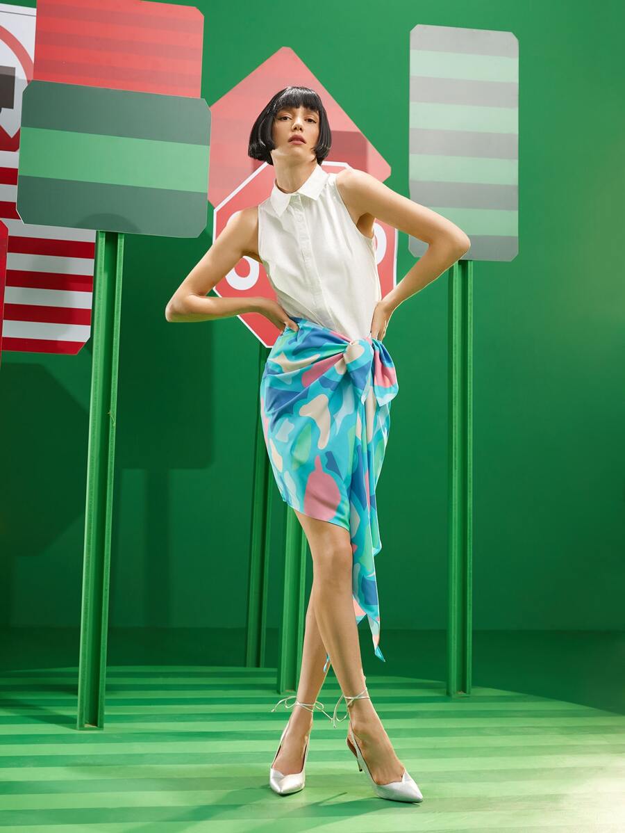 rrebecasglamboutique 無袖襯衫和圖案印花系帶不對稱下擺半身裙