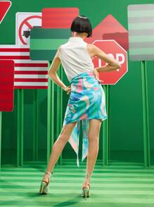 rrebecasglamboutique 無袖襯衫和圖案印花系帶不對稱下擺半身裙