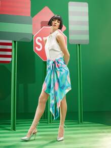 rrebecasglamboutique 無袖襯衫和圖案印花系帶不對稱下擺半身裙