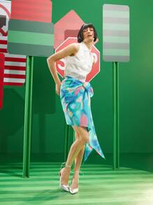 rrebecasglamboutique 無袖襯衫和圖案印花系帶不對稱下擺半身裙