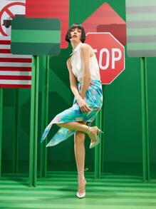 rrebecasglamboutique 無袖襯衫和圖案印花系帶不對稱下擺半身裙