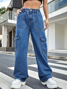 Jeans cargo de talle alto - Azul lavado medio - Ver 1