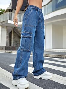 Jeans cargo de talle alto - Azul lavado medio - Ver 5