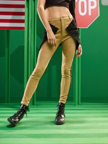 UCHE by Amber 高腰雙色破布拼接麂皮長褲 - 彩色 - 查看 1