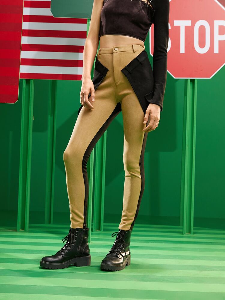 UCHE by Amber 高腰雙色破布拼接麂皮長褲 - 彩色 - 查看 3