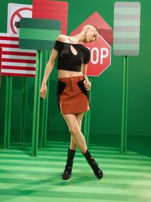 UCHE by Amber High Waist Two Tone Rag Stitching Skirt - Multicolor - View 5