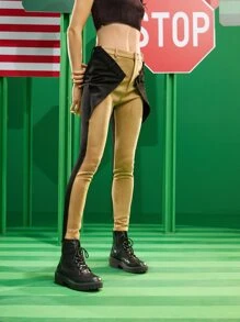 UCHE by Amber 高腰雙色破布拼接麂皮長褲 - 彩色 - 查看 6