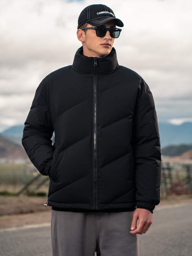 Men Funnel Neck Zip Up Padded Coat - Black - View 1