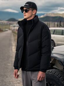 Men Funnel Neck Zip Up Padded Coat - Black - View 3