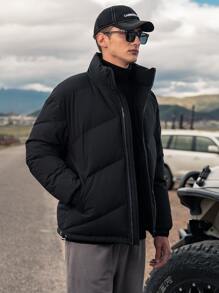 Men Funnel Neck Zip Up Padded Coat - Black - View 4