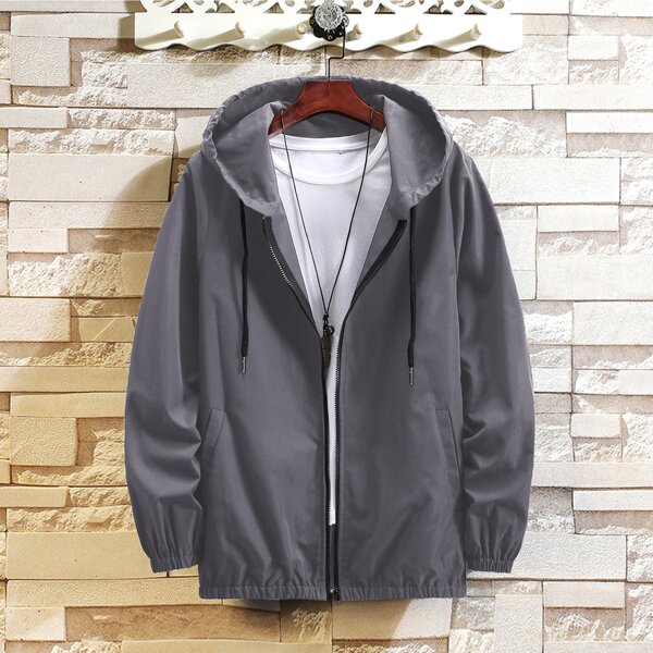 

Men Slant Pocket Drawstring Hooded Jacket, Grey