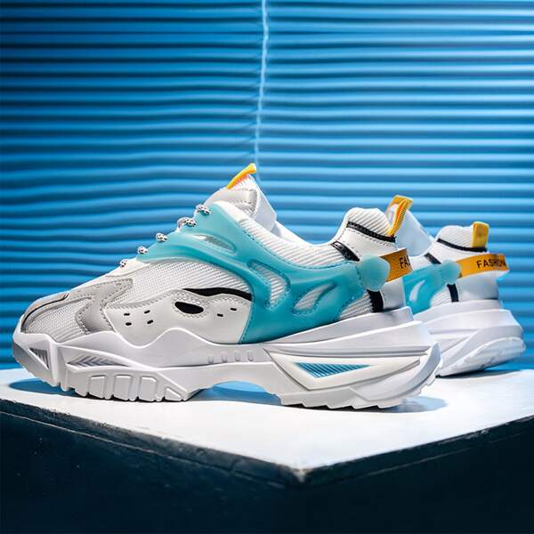 

Men Breathable Lace-up Front Chunky Sneakers, Blue and white